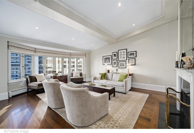 living room with wood finished floors, ornamental molding, baseboard heating, baseboards, and a fireplace with flush hearth