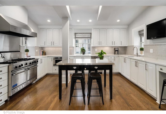 kitchen with wall chimney range hood, appliances with stainless steel finishes, decorative backsplash, and a sink