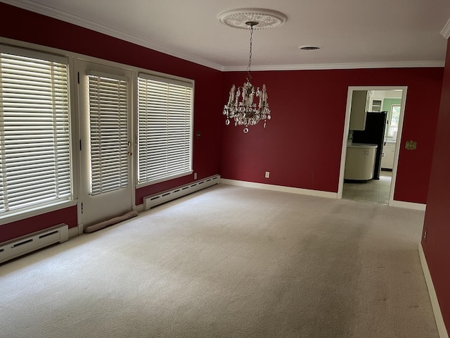 810 13th Ave, Mendota, IL 61342 - carpeted spare room featuring baseboard heating, a chandelier, and crown molding