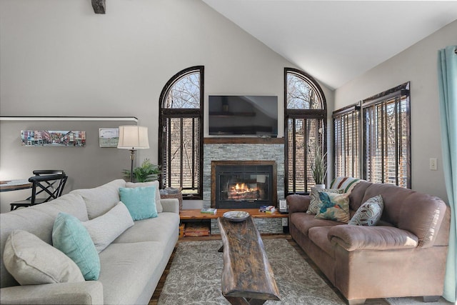 16 Oak Glen Dr, Galena, IL 61036 - living area featuring a fireplace and high vaulted ceiling