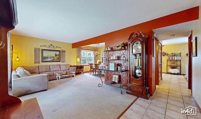 living room with light tile patterned floors and light colored carpet