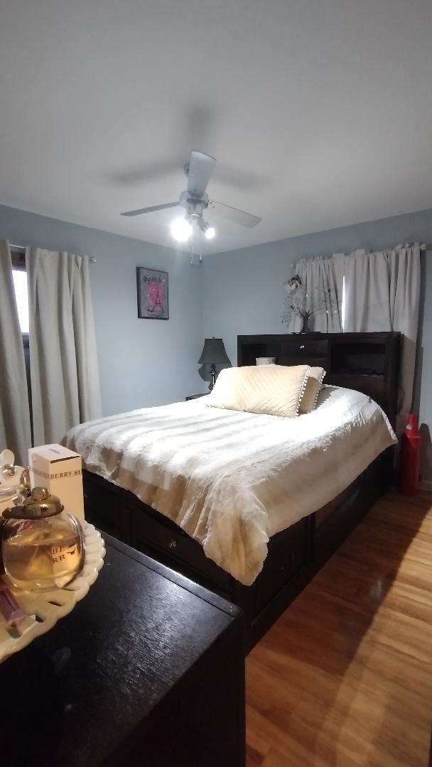 bedroom with wood finished floors and a ceiling fan