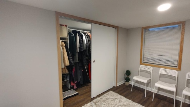 interior space with baseboards, a closet, and dark wood finished floors