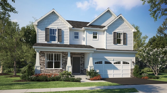 12615 Skeels St, Huntley, IL 60142 - craftsman inspired home with aphalt driveway, a garage, stone siding, and a front yard