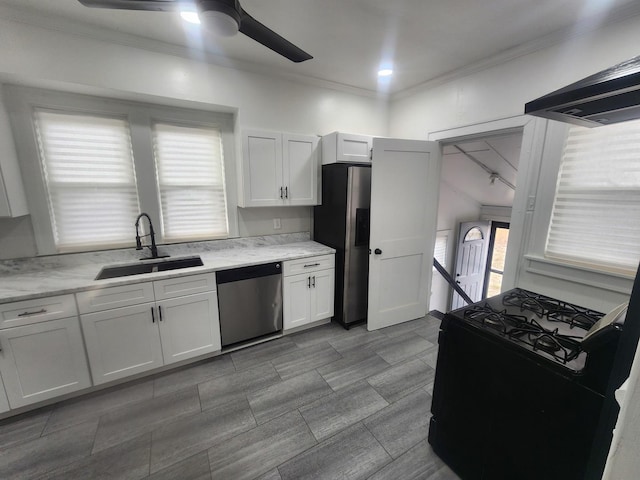 kitchen with ceiling fan, ornamental molding, wall chimney exhaust hood, appliances with stainless steel finishes, and a sink
