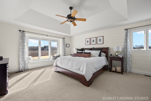 bedroom with carpet flooring, a tray ceiling, and baseboards