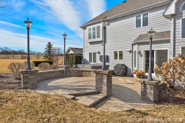 rear view of property with a patio area and roof with shingles