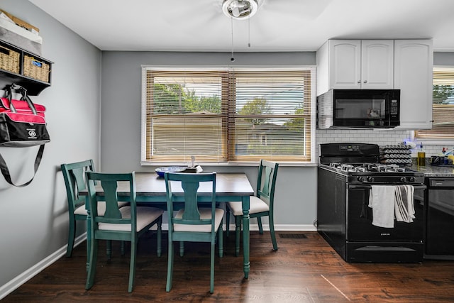 13000 W Playfield Dr, Crestwood, IL 60418 - kitchen with black appliances, white cabinetry, tasteful backsplash, a ceiling fan, and dark wood finished floors