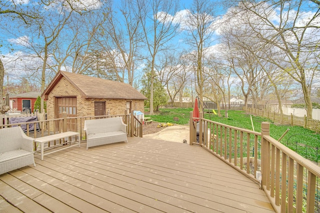 1739 Cedar Rd, Homewood, IL 60430 - wooden terrace featuring a fenced backyard, an outdoor structure, and a yard