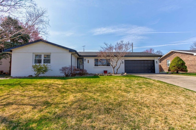 single story home with brick siding, driveway, a garage, and a front lawn