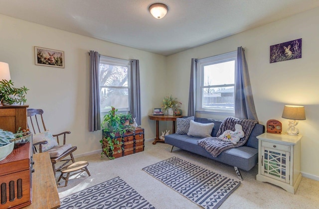 interior space with baseboards, light colored carpet, and a wealth of natural light
