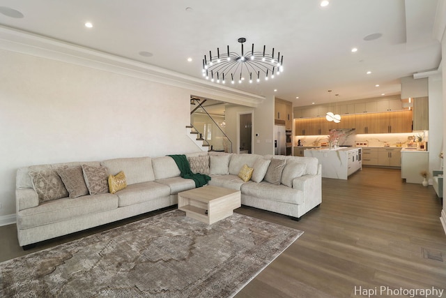 1906 Lee St, Des Plaines, IL 60018 - living room with recessed lighting, stairs, and wood finished floors