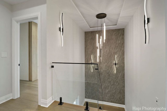 1906 Lee St, Des Plaines, IL 60018 - bathroom featuring baseboards, wood finished floors, and a walk in shower