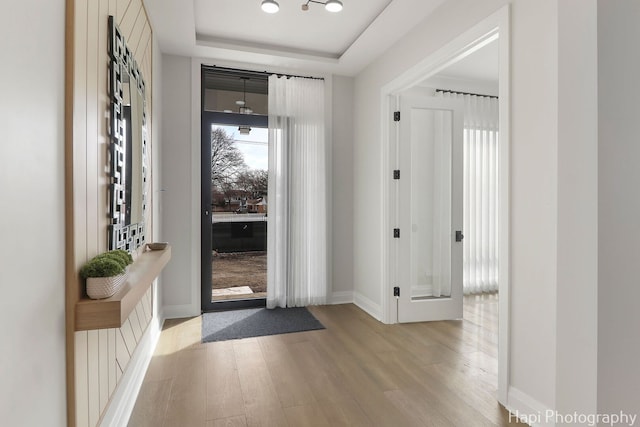 1906 Lee St, Des Plaines, IL 60018 - entryway featuring baseboards, light wood-style flooring, and a tray ceiling