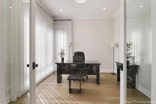 1906 Lee St, Des Plaines, IL 60018 - office area featuring recessed lighting, light wood-style flooring, and baseboards