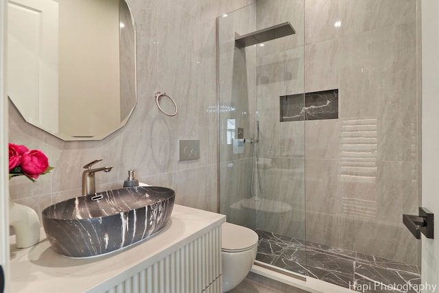 1906 Lee St, Des Plaines, IL 60018 - full bath featuring toilet, backsplash, tiled shower, and vanity