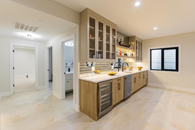 1906 Lee St, Des Plaines, IL 60018 - kitchen featuring stainless steel dishwasher, glass insert cabinets, backsplash, visible vents, and wine cooler
