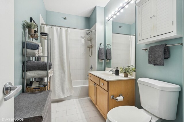 bathroom with toilet, shower / bath combination with curtain, tile patterned flooring, and vanity