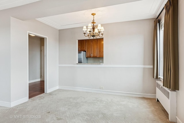 unfurnished room with a chandelier, light carpet, baseboards, and radiator