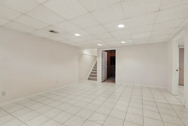 633 Mendota Ln, Romeoville, IL 60446 - spare room with baseboards, recessed lighting, stairway, visible vents, and a drop ceiling
