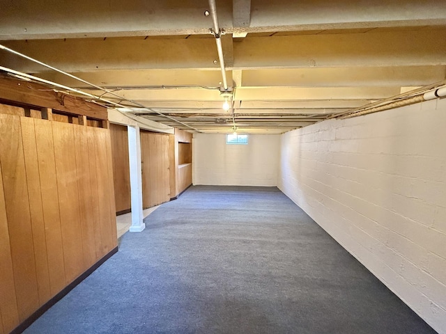 basement featuring wooden walls