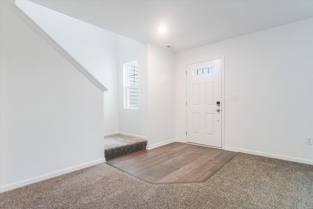foyer entrance with a wealth of natural light, wood finished floors, carpet floors, and baseboards