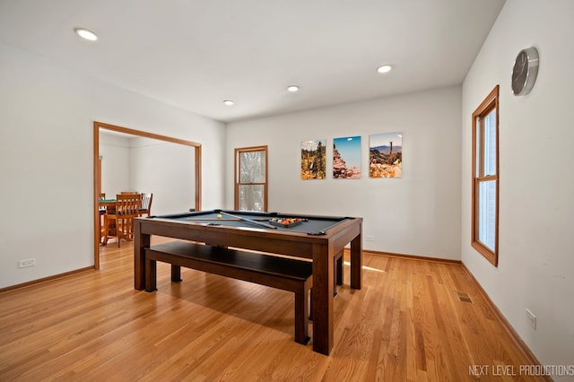 rec room with a healthy amount of sunlight, recessed lighting, light wood-style floors, visible vents, and pool table