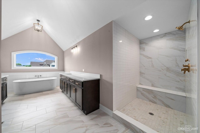 483 Deerfield Dr, Oswego, IL 60543 - full bathroom with vanity, a freestanding tub, lofted ceiling, and a tile shower