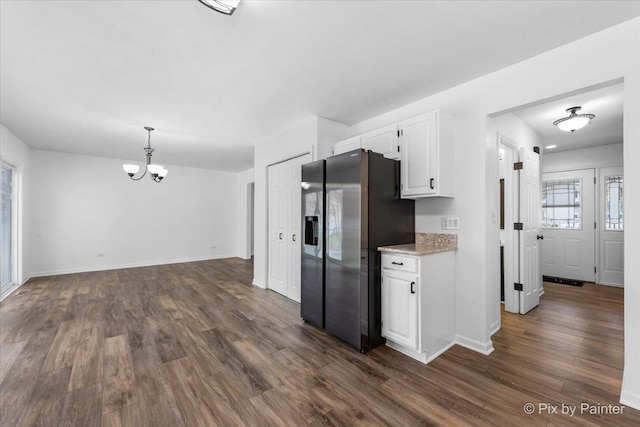 413 Edinburgh Ln, West Dundee, IL 60118 - kitchen featuring stainless steel refrigerator with ice dispenser, a notable chandelier, white cabinetry, and dark wood finished floors