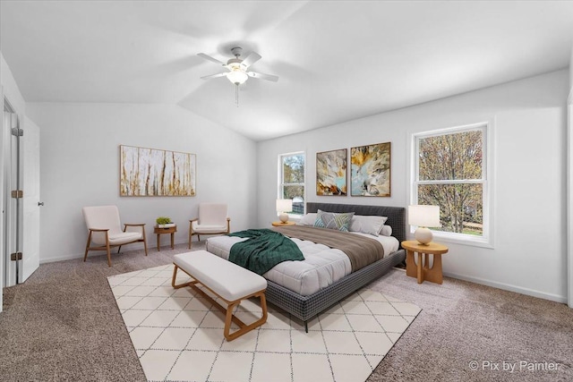 413 Edinburgh Ln, West Dundee, IL 60118 - bedroom with baseboards, light carpet, a ceiling fan, and lofted ceiling