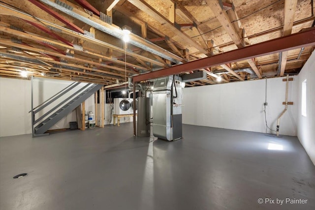 413 Edinburgh Ln, West Dundee, IL 60118 - unfinished basement with water heater, stairway, washer / dryer, and heating unit