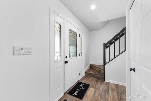413 Edinburgh Ln, West Dundee, IL 60118 - foyer featuring stairs, recessed lighting, baseboards, and wood finished floors