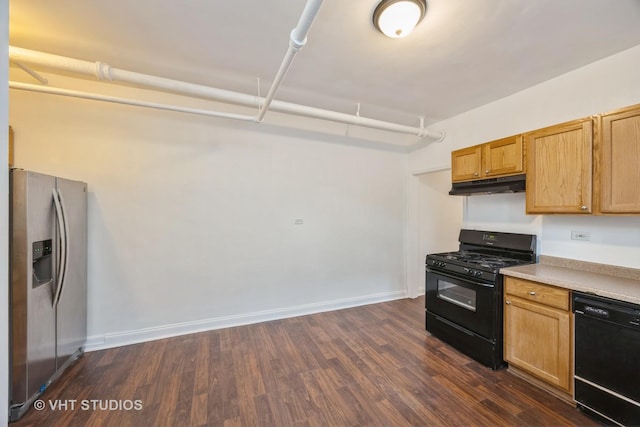 7001 W Altgeld St Unit G, Chicago, IL 60707 - kitchen with black appliances, under cabinet range hood, dark wood-style flooring, light countertops, and baseboards