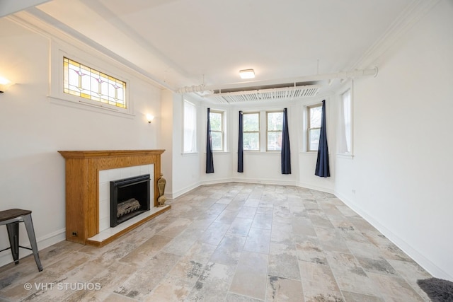 7001 W Altgeld St Unit G, Chicago, IL 60707 - unfurnished living room with a fireplace, light stone finish floors, baseboards, and ornamental molding