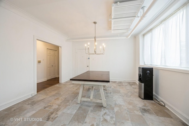 7001 W Altgeld St Unit G, Chicago, IL 60707 - unfurnished dining area with stone finish floors, a chandelier, baseboards, and ornamental molding