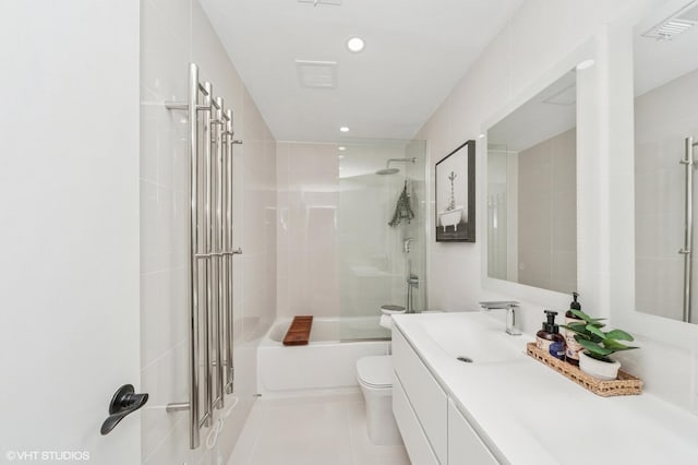 bathroom with vanity, toilet, recessed lighting, shower / bathing tub combination, and visible vents
