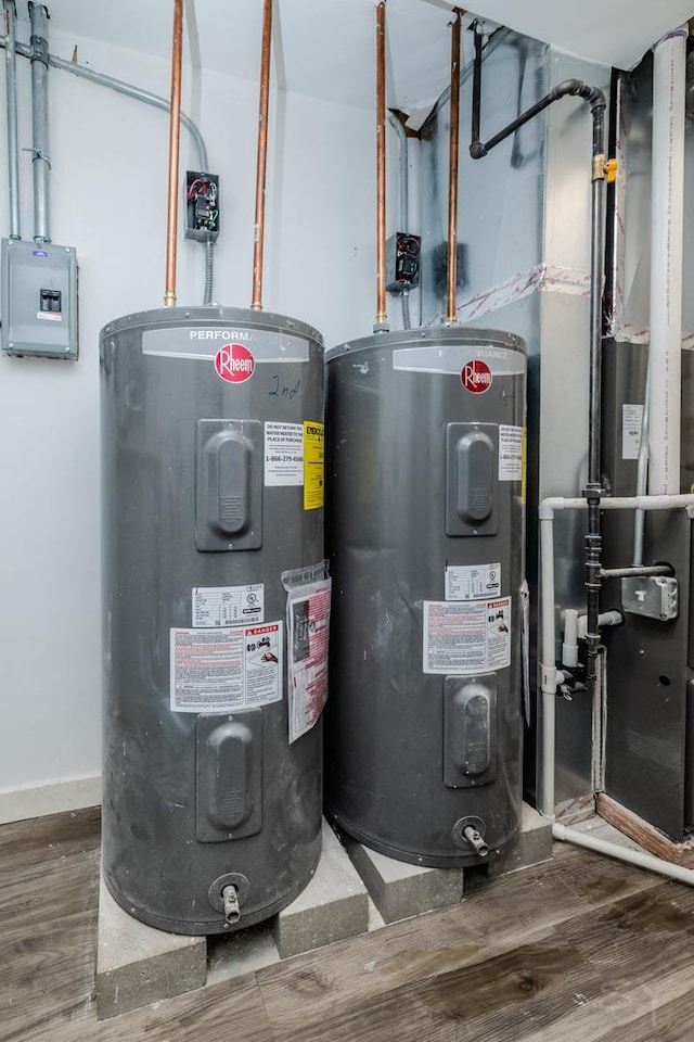 utility room with heating unit and electric water heater