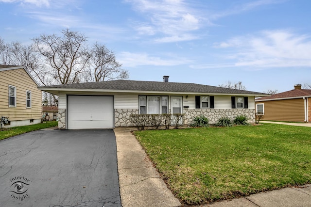 22426 Yates Ave, Sauk Village, IL 60411 - ranch-style home with stone siding, aphalt driveway, a garage, a front yard, and roof with shingles