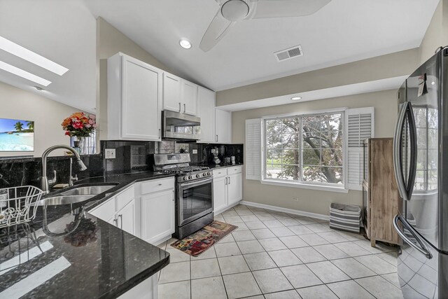 2470 Palazzo Ct, Buffalo Grove, IL 60089 - kitchen featuring a sink, vaulted ceiling with skylight, stainless steel appliances, and visible vents