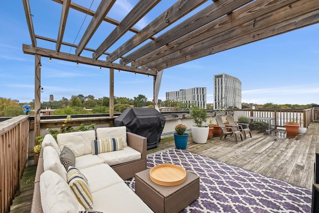 5486 S Woodlawn Ave Unit 3, Chicago, IL 60615 - wooden deck featuring grilling area, a pergola, a view of city, and outdoor lounge area