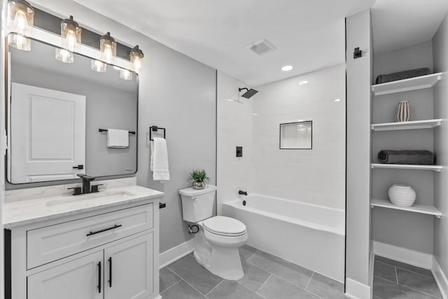 full bath with baseboards, toilet, bathtub / shower combination, vanity, and tile patterned floors
