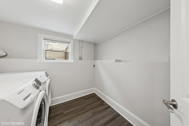 6317 W Roscoe St, Chicago, IL 60634 - washroom featuring washing machine and clothes dryer and dark wood finished floors