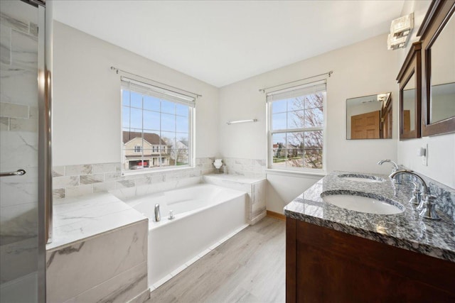 11911 Cape Cod Ln, Huntley, IL 60142 - bathroom with wood finished floors, a healthy amount of sunlight, a garden tub, and a sink