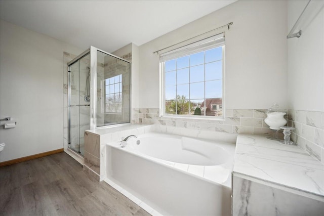 11911 Cape Cod Ln, Huntley, IL 60142 - full bath with a bath, toilet, wood finished floors, and a stall shower