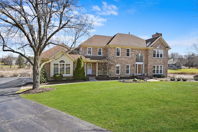 view of front facade with brick siding, a front lawn, and a chimney