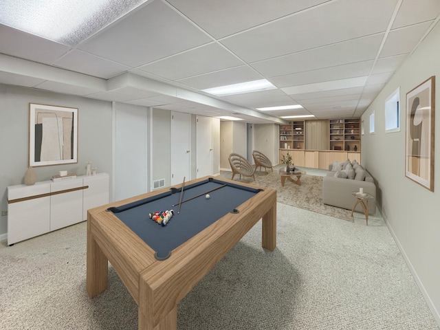 232 Southfield Dr, Vernon Hills, IL 60061 - game room with pool table, carpet flooring, baseboards, built in shelves, and a paneled ceiling