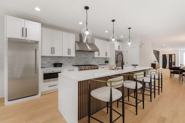 1522 W Wolfram St, Chicago, IL 60657 - kitchen with wall chimney range hood, a large island, tasteful backsplash, a sink, and stainless steel appliances