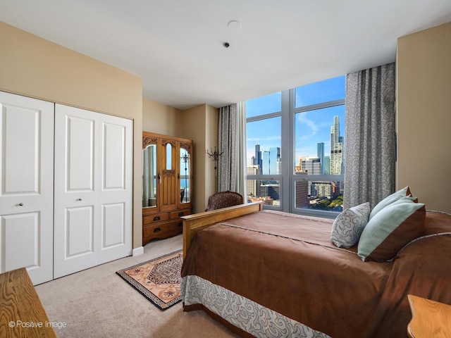 carpeted bedroom with a closet and a city view