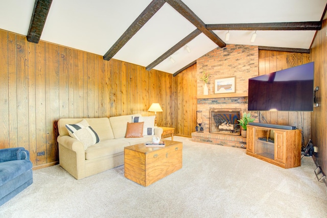 809 S Charles Ave, Naperville, IL 60540 - carpeted living room with a brick fireplace, wood walls, and vaulted ceiling with beams