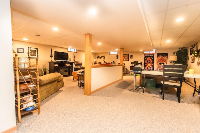 office featuring baseboards, recessed lighting, carpet flooring, and a drop ceiling